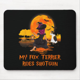 Fox Terrier Rides Shotgun Dog And Witch Halloween Mouse Pad