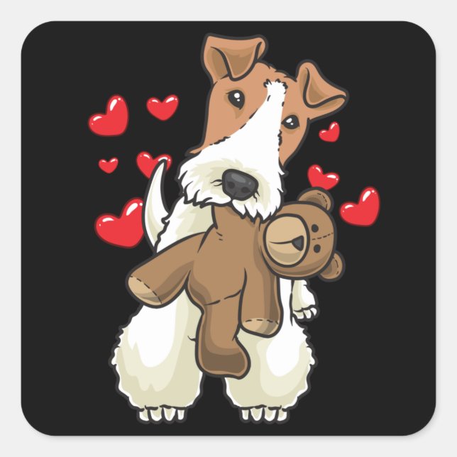 Fox Terrier Wirehaired Dog with Stuffed Animal Square Sticker (Front)