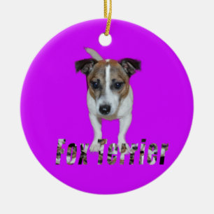 Fox Terrier With Logo, Purple Ceramic Ornament. Tree Decoration