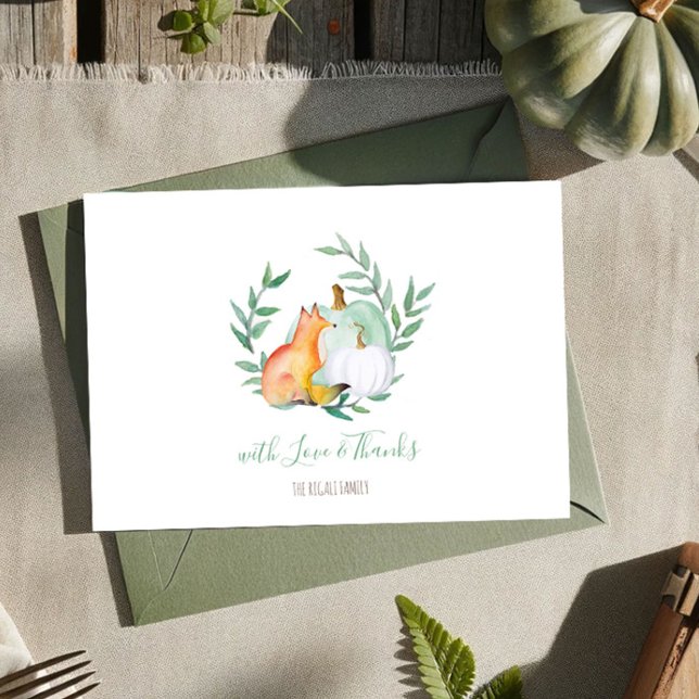 Fox Thank You Card – November Fall Shower (Thank you card watercolor woodland fox and pumpkins fall )