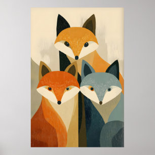Fox Trio Art Print, Stylised Faces, Orange and Poster