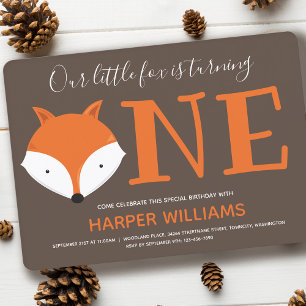 Fox Turning One First Animal Birthday Invitation