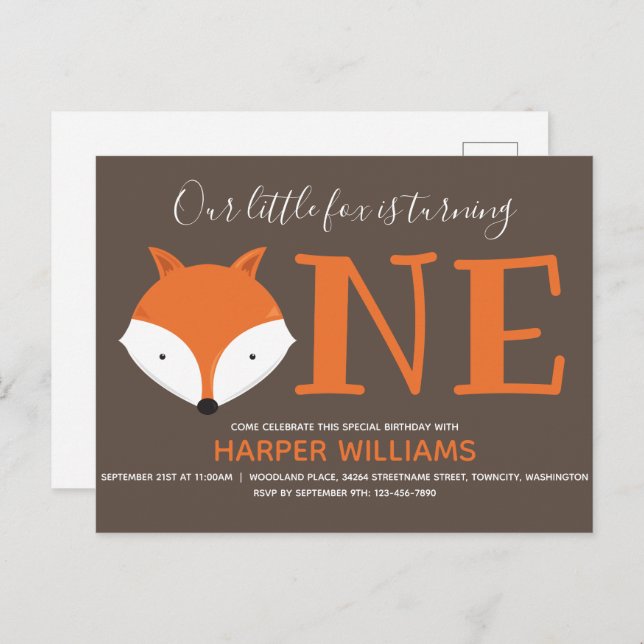 Fox Turning One First Animal Birthday Invitation Postcard (Front/Back)