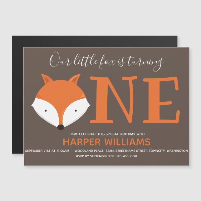 Fox Turning One First Animal Birthday Magnetic Invitation (Front/Back)
