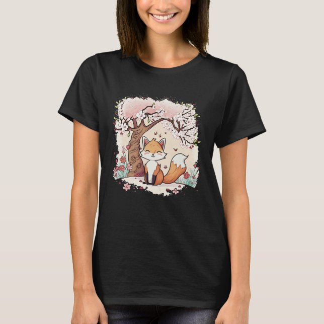 Fox Vaporwave Under Cherry Blossom Japanese Aesthe T-Shirt (Front)