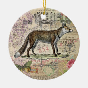 Fox Vintage Animal Collage Ceramic Tree Decoration