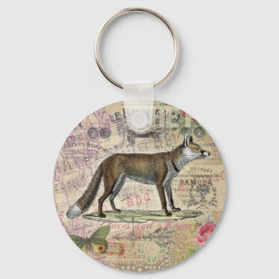 Fox Vintage Animal Collage Key Ring