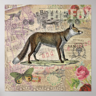 Fox Vintage Animal Collage Poster