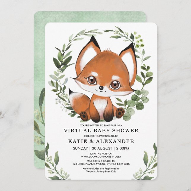 Fox Virtual Baby Shower By Mail Woodland Greenery Invitation (Front/Back)