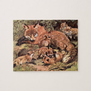 Fox Vixen with Cubs by Austen, Vintage Wild Animal Jigsaw Puzzle