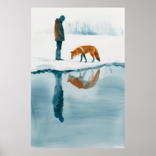 Fox Walking Beside Snow River - Nature Poster