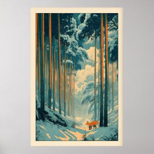 Fox Wall Art Print Winter Bamboo Forest - Vertical