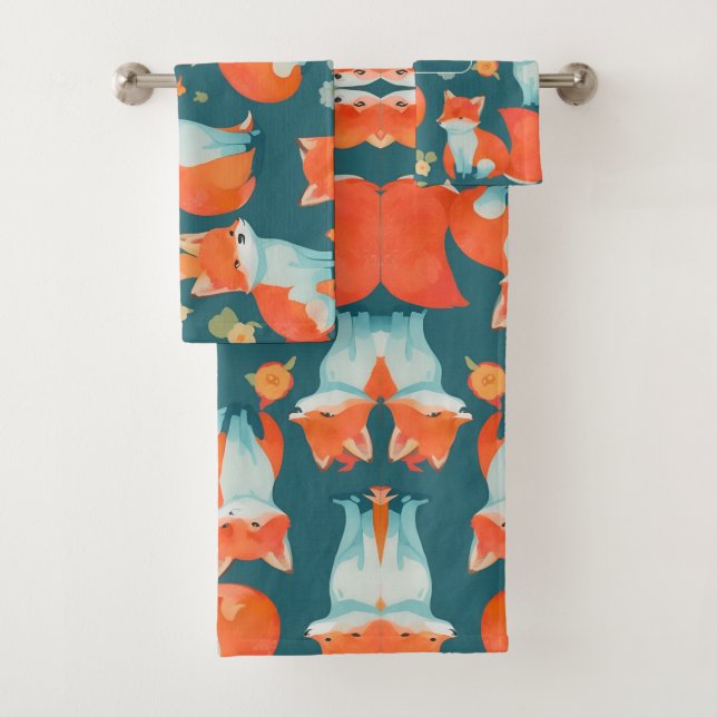 Fox Watercolor Colourful Personalised Pattern Bath Towel Set (Insitu)