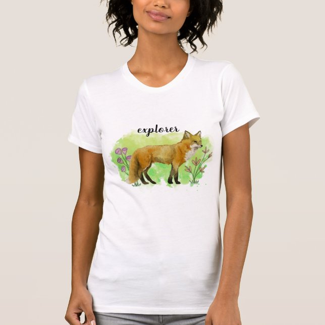 Fox Watercolor Illustration Flowers Wildlife Green T-Shirt (Front)
