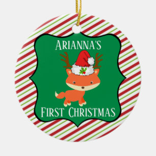 Fox Wearing Reindeer Santa Hat First Christmas Ceramic Tree Decoration