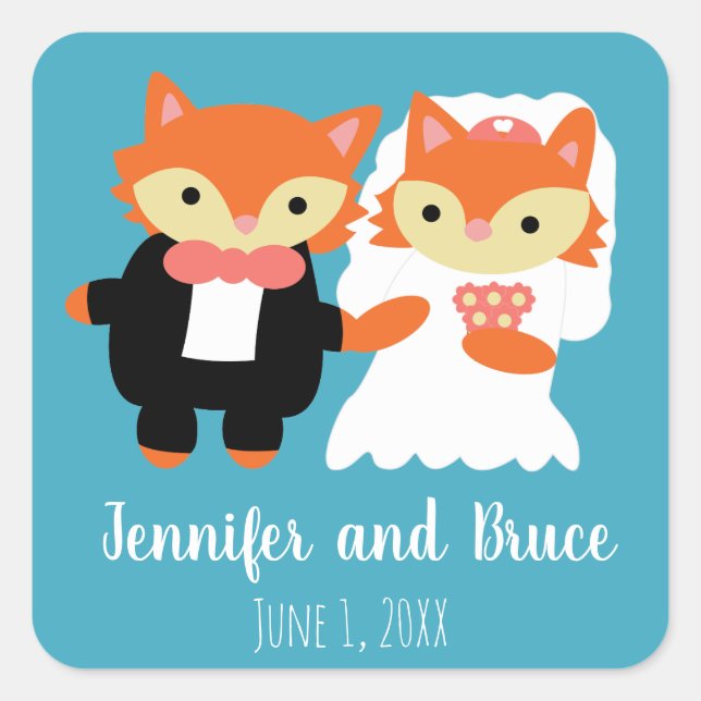 Fox Wedding Cute Blue Personalise Square Sticker (Front)