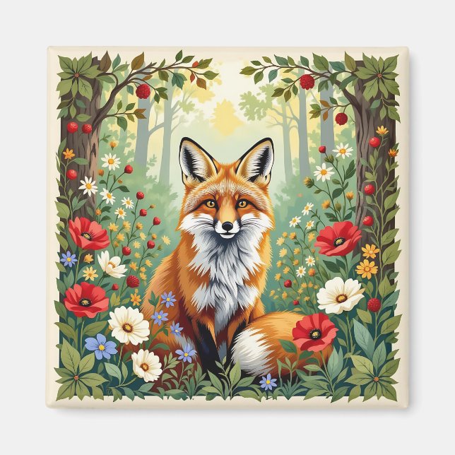 Fox Wildflower Forest Illustration Magnet (Front)