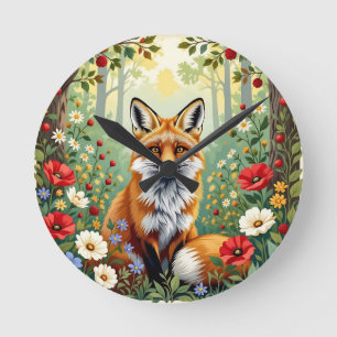 Fox Wildflower Forest Illustration Round Clock