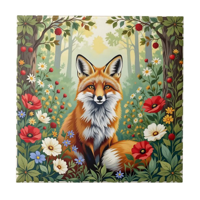 Fox Wildflower Forest Illustration Tile (Front)