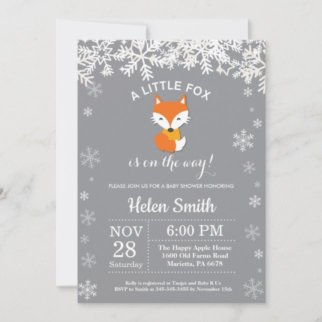 Fox Winter Baby Shower Snowflake Invitation (Front)