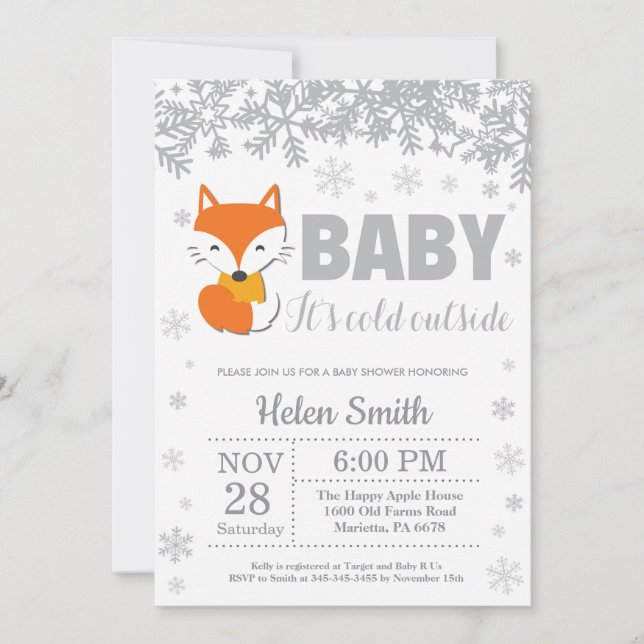 Fox Winter Baby Shower Snowflake Invitation (Front)
