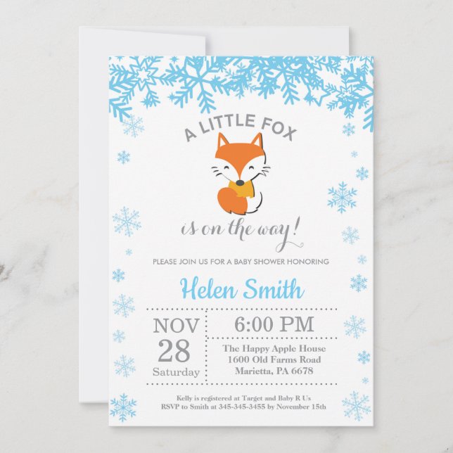 Fox Winter Blue Boy Baby Shower Snowflake Invitation (Front)