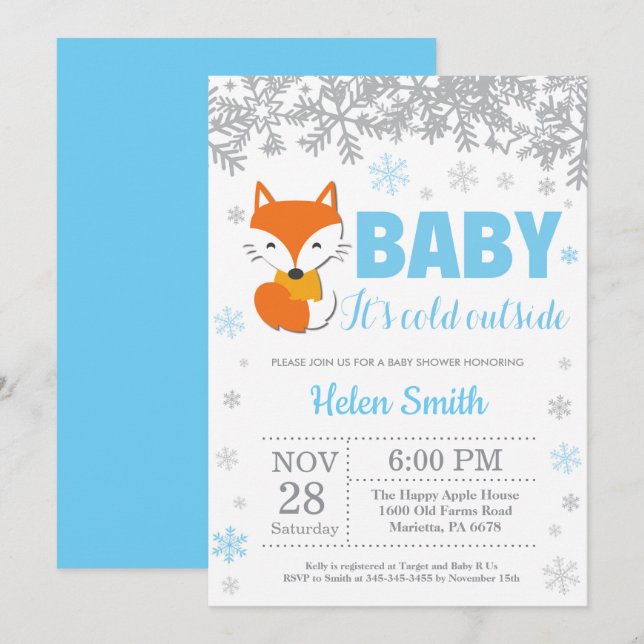 Fox Winter Blue Boy Baby Shower Snowflake Invitation (Front/Back)