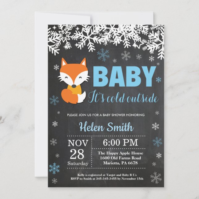 Fox Winter Boy Baby Shower Chalkboard Invitation (Front)