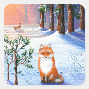 Fox Winter Cartoon Creationarts Square Sticker