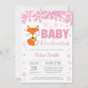 Fox Winter Pink Girl Baby Shower Snowflake Invitation