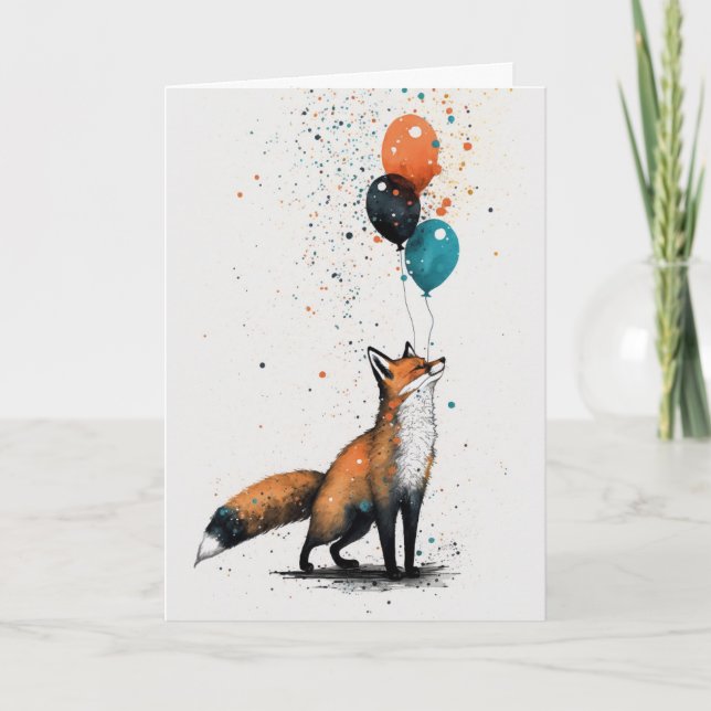 Fox with Balloon and Party Hat Greeting Card (Front)