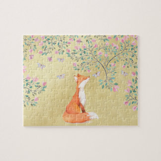 Fox with Butterflies and Pink Flowers Jigsaw Puzzle