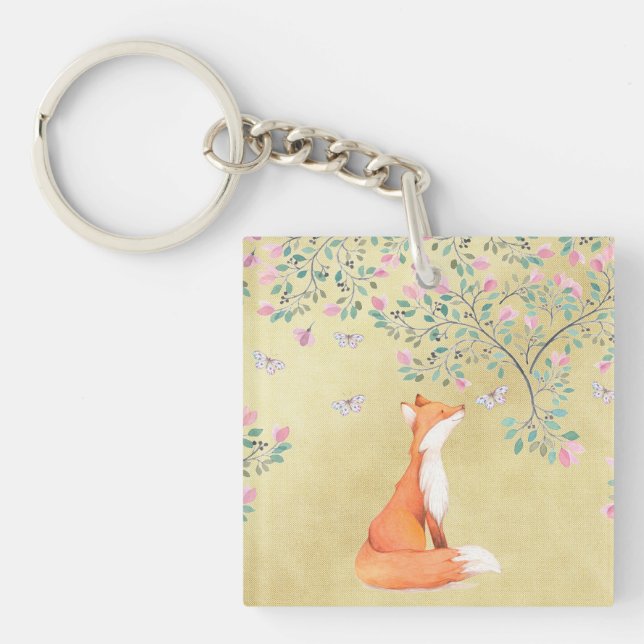 Fox with Butterflies and Pink Flowers Key Ring (Front)