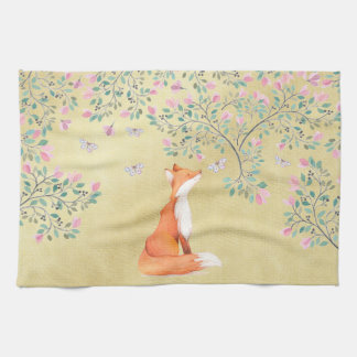 Fox with Butterflies and Pink Flowers Tea Towel