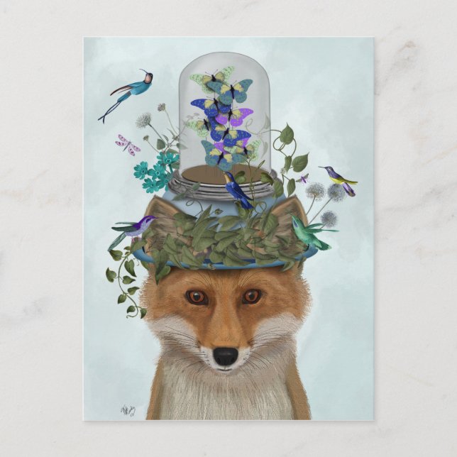 Fox with Butterfly Bell Jar Postcard (Front)