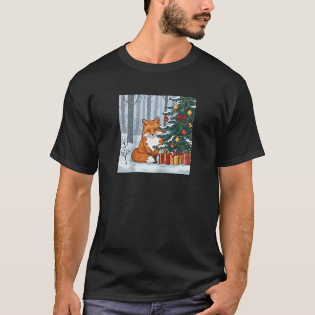 Fox with Christmas Tree and Presents Raglan Baseba T-Shirt (Front)