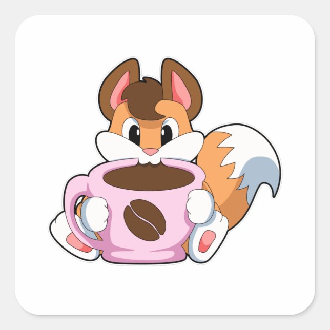 Fox with Cup of Coffee Square Sticker (Front)