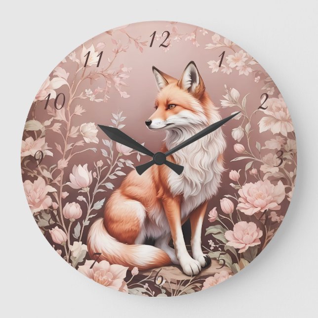 Fox With Dreamy Pink Floral Large Clock (Front)