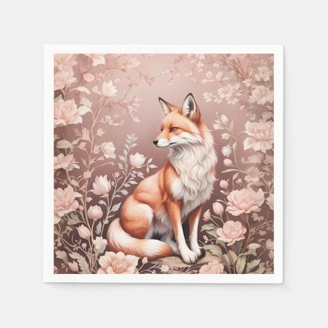 Fox With Dreamy Pink Floral Napkin (Front)