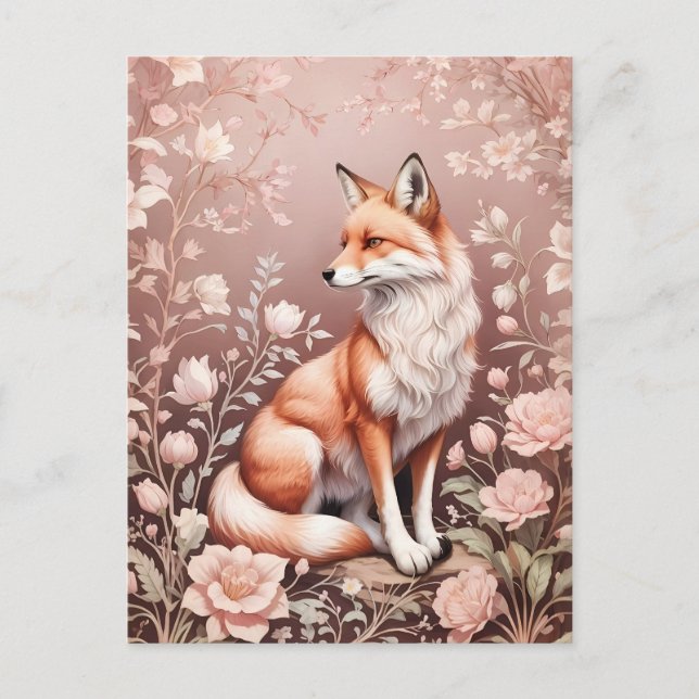 Fox With Dreamy Pink Floral Postcard (Front)