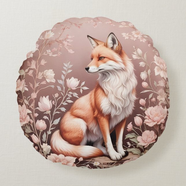 Fox With Dreamy Pink Floral Round Cushion (Front)