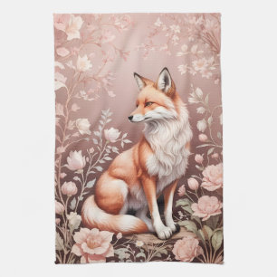 Fox With Dreamy Pink Floral Tea Towel