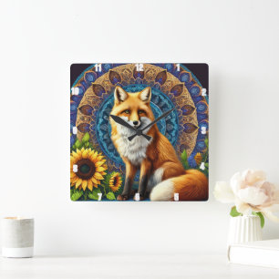 Fox with Mandala and Sunflower Vibrant Colors Square Wall Clock