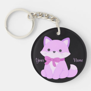 Fox with Purple Bow Cute Kawaii Custom Black Key Ring