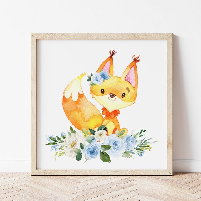 Fox, Woodland Animals, Boho, Blue Flowers Poster (Creator Uploaded)