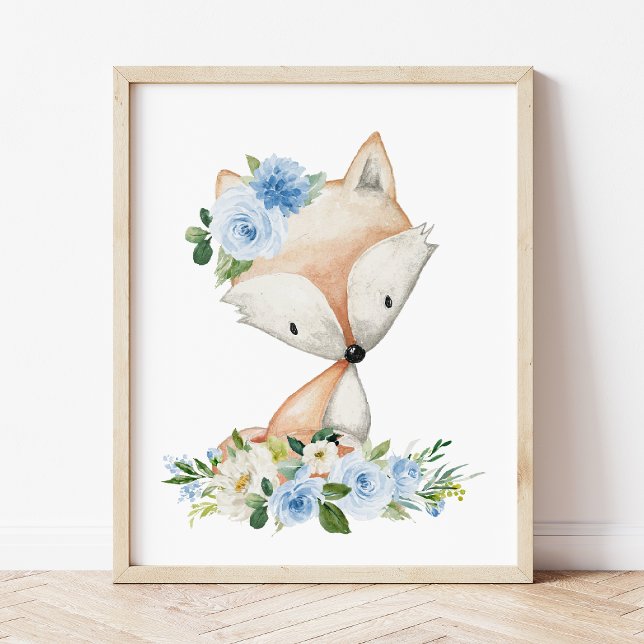 Fox, Woodland Animals, Boho, Blue Flowers Poster (Creator Uploaded)