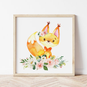 Fox, Woodland Animals, Boho, Pink Flowers Photo Print