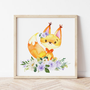 Fox, Woodland Animals, Boho, Purple Flowers Poster