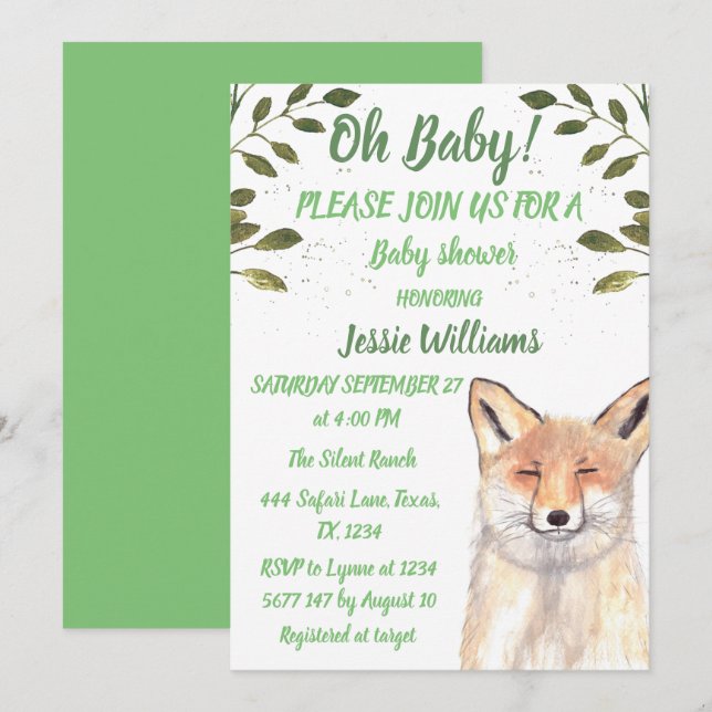  Fox Woodland animals Green Rustic Baby boy shower Invitation (Front/Back)