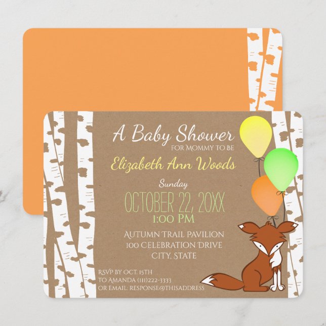 Fox Woodland Birch Tree Baby Shower Invitation (Front/Back)